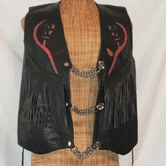 Rare Vintage Ladies ADDI'S FASHIONS Cut Out Red Rose Moto Vest in Black - XL